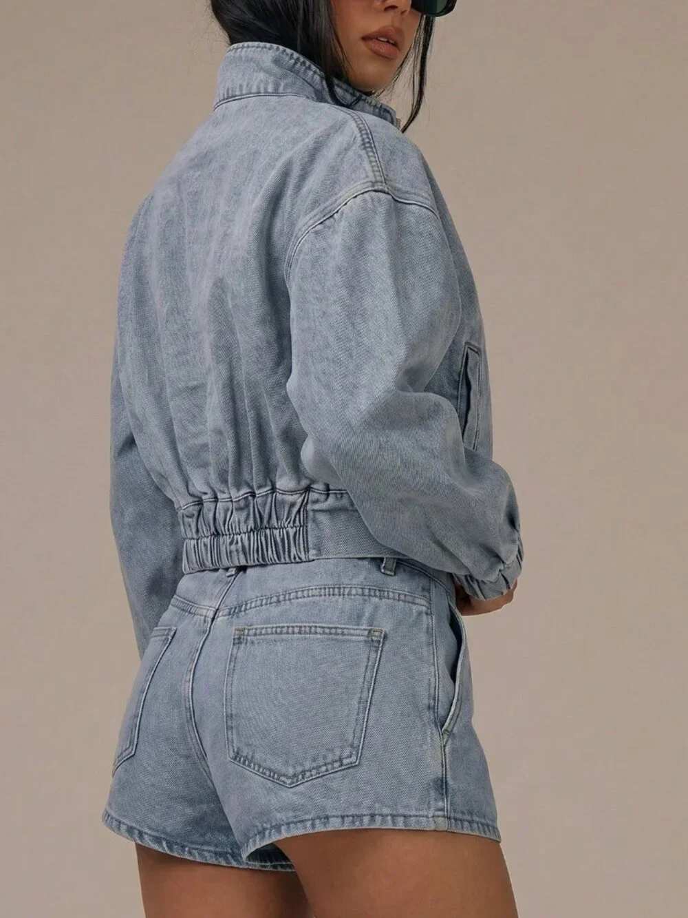 Baby Blue Casual Women's Denim High Neck Balloon Sleeve Zip Through Jacket